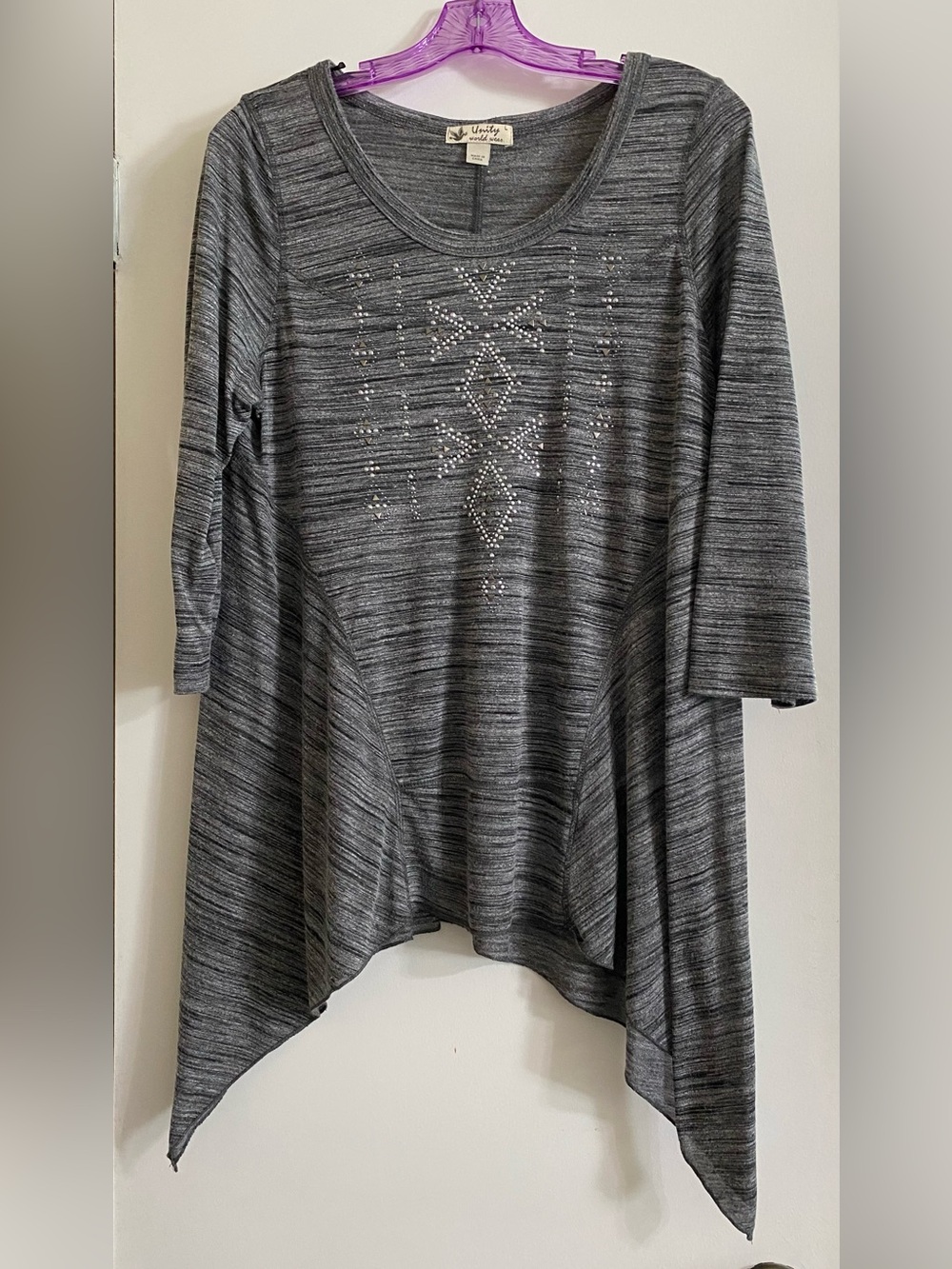 Unity World Wear Gray Striped Rhinestone Handkerchief Hem Tunic